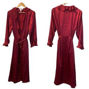 Oscar de la Renta Pink Label Red Satin Robe XL Ruffle Trim Midi